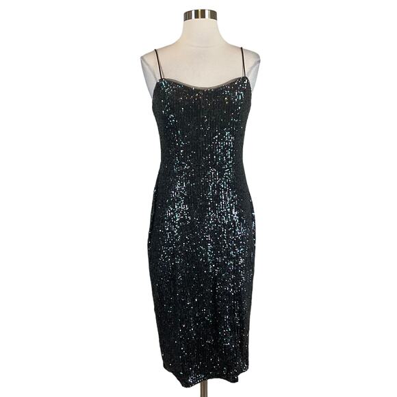 AQUA Women's Cocktail Dress Size 6 Black Sequined Sleeveless Midi Sheath - Picture 1 of 12